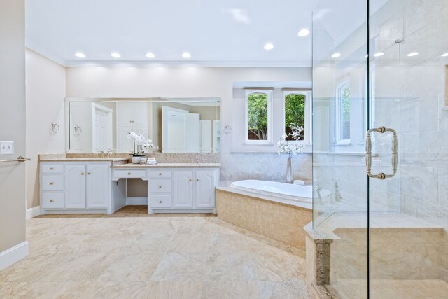3441 Mount Vernon Way, Plano, TX 75025 - full bathroom featuring a stall shower, a garden tub, vanity, crown molding, and recessed lighting