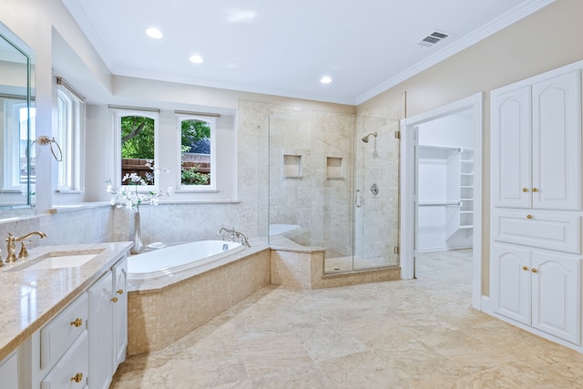 3441 Mount Vernon Way, Plano, TX 75025 - bathroom with a stall shower, a bath, ornamental molding, vanity, and recessed lighting