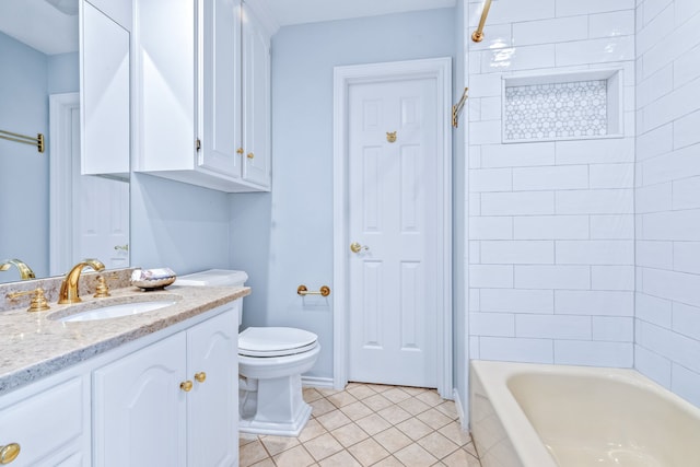 3441 Mount Vernon Way, Plano, TX 75025 - bathroom featuring tile patterned flooring, toilet, vanity, baseboards, and tub / shower combination