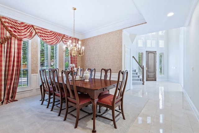 3441 Mount Vernon Way, Plano, TX 75025 - dining area featuring ornamental molding, a chandelier, plenty of natural light, stairs, and baseboards