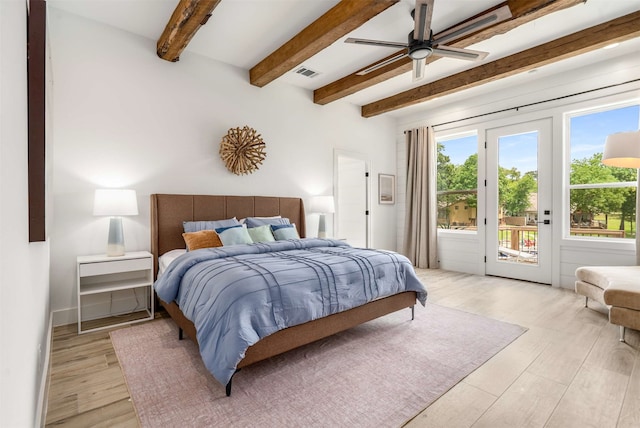 205 Oak Creek Dr, Tool, TX 75143 - bedroom with access to exterior, beam ceiling, light wood-style flooring, and ceiling fan