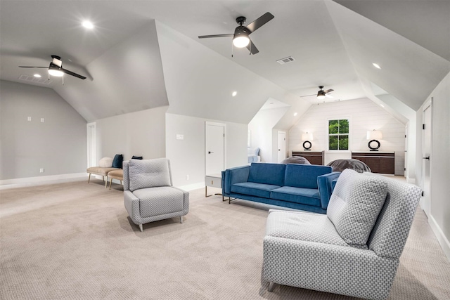 205 Oak Creek Dr, Tool, TX 75143 - living room featuring ceiling fan, vaulted ceiling, light colored carpet, baseboards, and recessed lighting