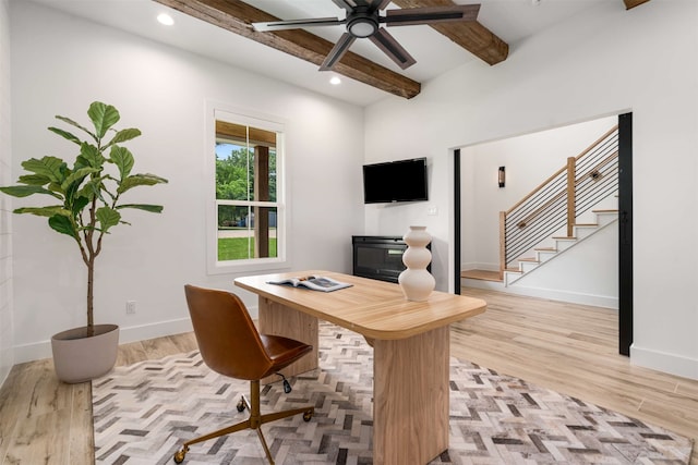 205 Oak Creek Dr, Tool, TX 75143 - home office with beamed ceiling, light wood-type flooring, baseboards, ceiling fan, and recessed lighting