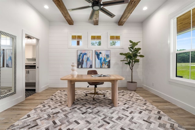 205 Oak Creek Dr, Tool, TX 75143 - home office featuring light wood-style flooring, healthy amount of natural light, beamed ceiling, baseboards, and recessed lighting