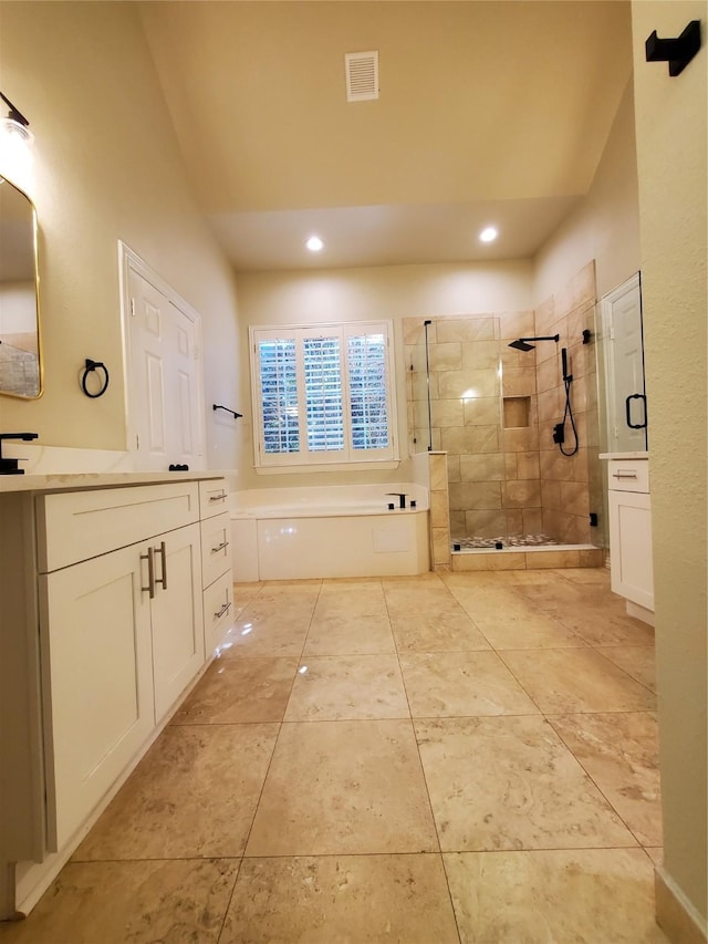 3725 Hibbs St, Plano, TX 75025 - full bathroom with a bath, a shower stall, vanity, lofted ceiling, and recessed lighting