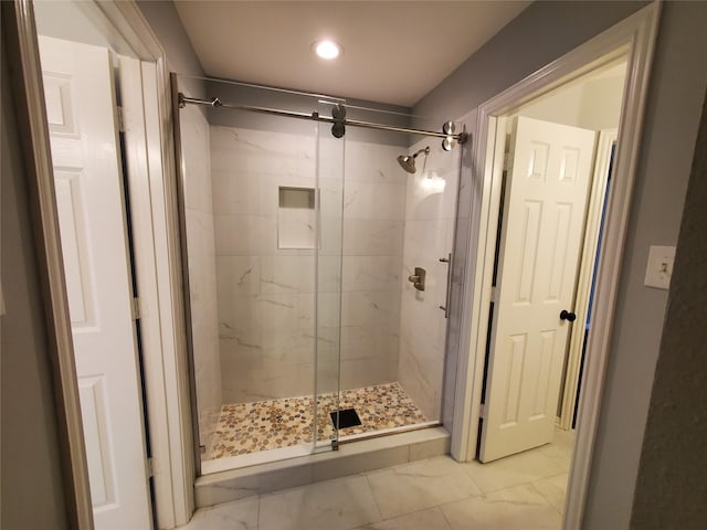 3725 Hibbs St, Plano, TX 75025 - full bath with marble finish floors, a marble finish shower, and recessed lighting