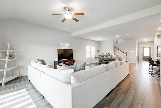 333 Mohan Dr, Royse City, TX 75189 - living room with stairway, light wood-style flooring, ceiling fan, recessed lighting, and baseboards