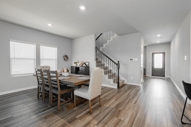 333 Mohan Dr, Royse City, TX 75189 - dining space with stairway, wood finished floors, baseboards, and recessed lighting