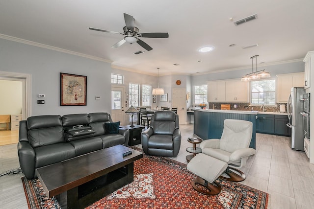 1220 Mount Gilead Rd, Keller, TX 76262 - living area featuring ceiling fan, ornamental molding, and recessed lighting