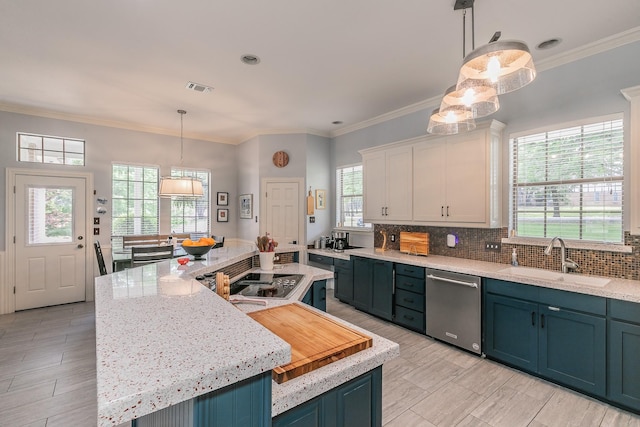 1220 Mount Gilead Rd, Keller, TX 76262 - kitchen with a sink, stainless steel dishwasher, healthy amount of natural light, a kitchen island, and ornamental molding