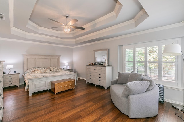 1220 Mount Gilead Rd, Keller, TX 76262 - bedroom with a raised ceiling, ornamental molding, dark wood-style flooring, and a ceiling fan