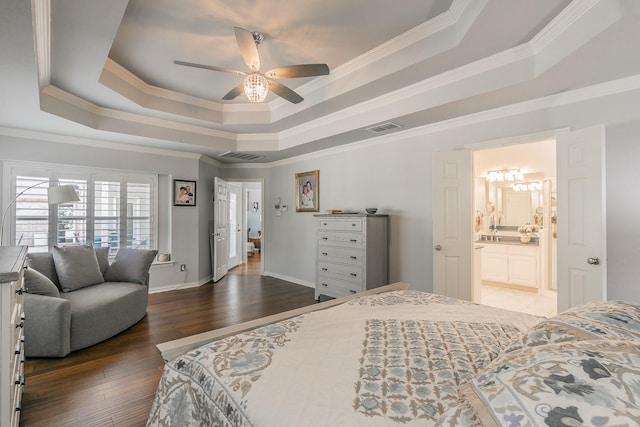 1220 Mount Gilead Rd, Keller, TX 76262 - bedroom with a tray ceiling, ornamental molding, wood finished floors, baseboards, and a ceiling fan