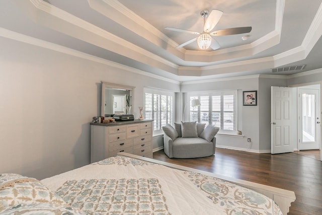 1220 Mount Gilead Rd, Keller, TX 76262 - bedroom with a tray ceiling, wood finished floors, ornamental molding, ceiling fan, and baseboards