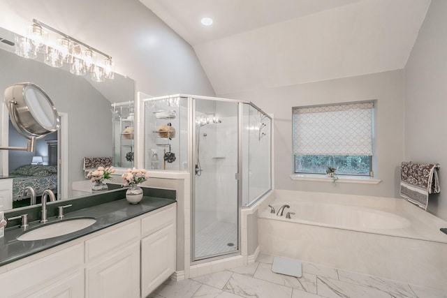 1220 Mount Gilead Rd, Keller, TX 76262 - bathroom featuring lofted ceiling, a bath, a stall shower, vanity, and marble look tile flooring