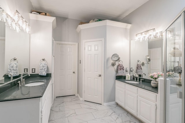 1220 Mount Gilead Rd, Keller, TX 76262 - full bathroom featuring two vanities and marble look tile flooring