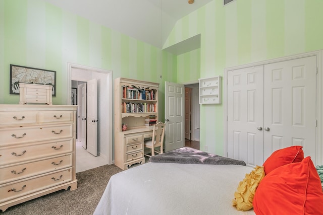 1220 Mount Gilead Rd, Keller, TX 76262 - bedroom with carpet flooring, a closet, wallpapered walls, and a high ceiling