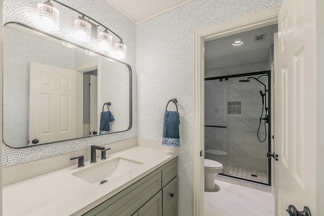 1220 Mount Gilead Rd, Keller, TX 76262 - bathroom featuring toilet, wallpapered walls, vanity, and a shower stall