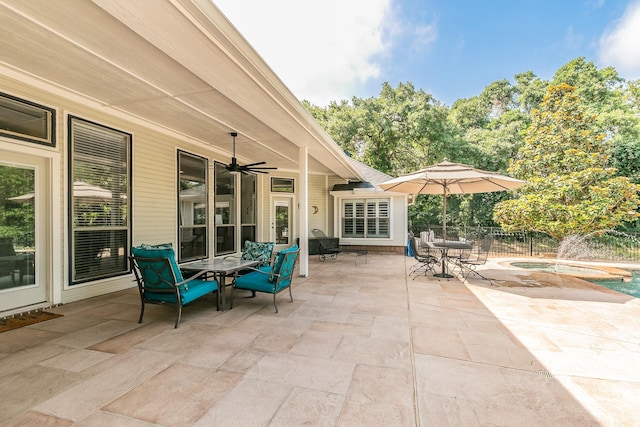 1220 Mount Gilead Rd, Keller, TX 76262 - view of patio / terrace with outdoor dining area, an in-ground hot tub, and a ceiling fan