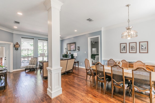 1220 Mount Gilead Rd, Keller, TX 76262 - dining space featuring decorative columns, ornamental molding, dark wood-style floors, recessed lighting, and baseboards