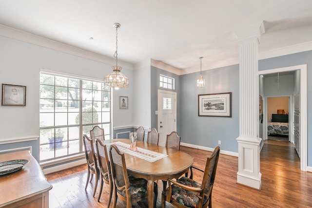 1220 Mount Gilead Rd, Keller, TX 76262 - dining room with ornate columns, healthy amount of natural light, wood finished floors, and crown molding