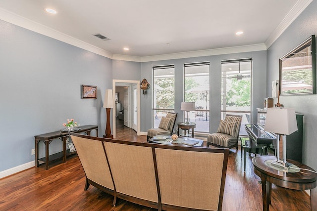 1220 Mount Gilead Rd, Keller, TX 76262 - living room featuring dark wood finished floors, crown molding, baseboards, and recessed lighting
