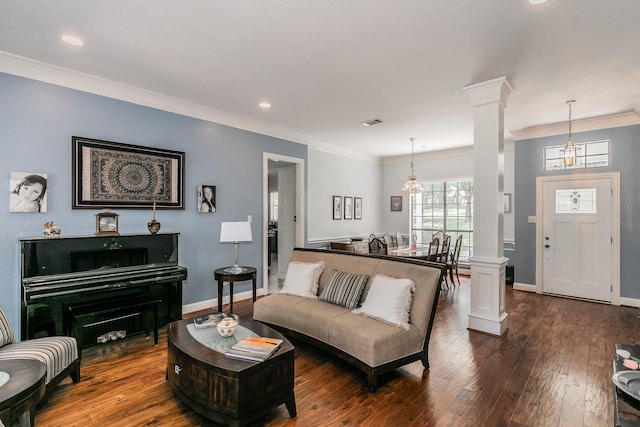 1220 Mount Gilead Rd, Keller, TX 76262 - living area with ornate columns, ornamental molding, dark wood-style floors, baseboards, and recessed lighting
