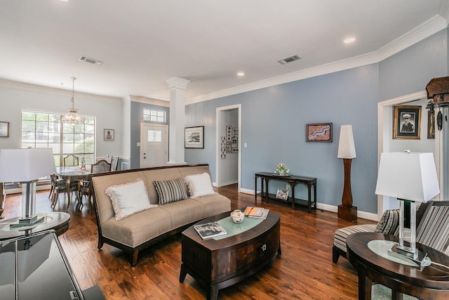 1220 Mount Gilead Rd, Keller, TX 76262 - living area with wood finished floors, crown molding, decorative columns, recessed lighting, and baseboards