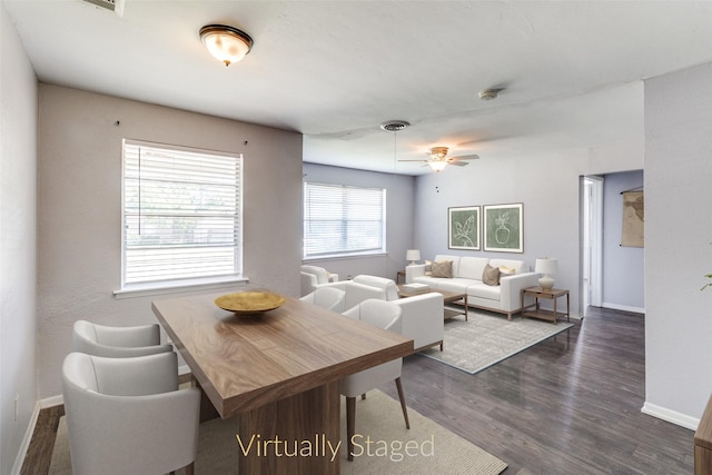 4833 Harper Dr, Mesquite, TX 75150 - dining room featuring dark wood-style floors, baseboards, and a ceiling fan