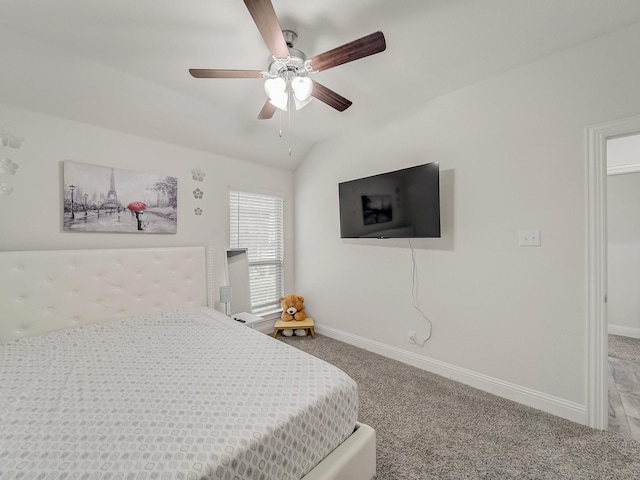 3519 Tunnel Ave, Aubrey, TX 76227 - carpeted bedroom featuring baseboards, ceiling fan, and lofted ceiling
