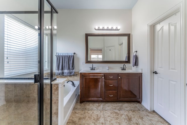 6606 Morning Dew Dr, Midlothian, TX 76065 - full bath featuring a bath, double vanity, a stall shower, and tile patterned flooring
