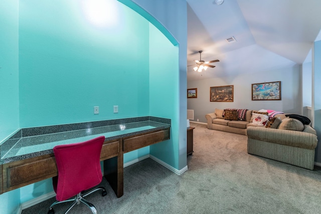 6606 Morning Dew Dr, Midlothian, TX 76065 - home office featuring carpet, vaulted ceiling, a ceiling fan, baseboards, and radiator