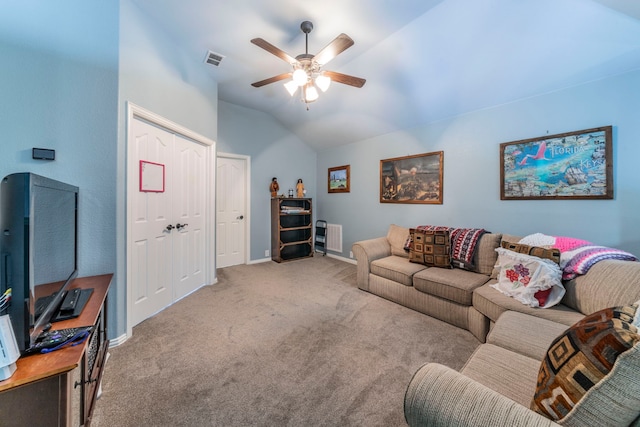 6606 Morning Dew Dr, Midlothian, TX 76065 - carpeted living room featuring a ceiling fan, lofted ceiling, and baseboards