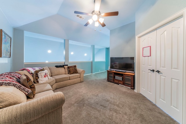 6606 Morning Dew Dr, Midlothian, TX 76065 - carpeted living area featuring ceiling fan and lofted ceiling