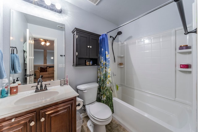 6606 Morning Dew Dr, Midlothian, TX 76065 - full bath featuring toilet, shower / bathtub combination with curtain, ceiling fan, vanity, and tile patterned floors