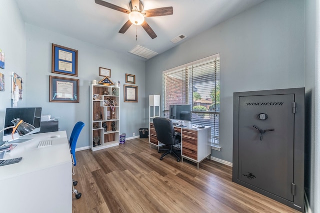 6606 Morning Dew Dr, Midlothian, TX 76065 - home office with wood finished floors, a ceiling fan, and baseboards
