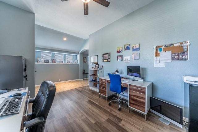 6606 Morning Dew Dr, Midlothian, TX 76065 - office space featuring arched walkways, ceiling fan, wood finished floors, vaulted ceiling, and baseboards