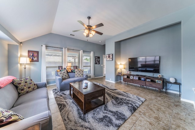 6606 Morning Dew Dr, Midlothian, TX 76065 - living area with ceiling fan, vaulted ceiling, tile patterned floors, and baseboards
