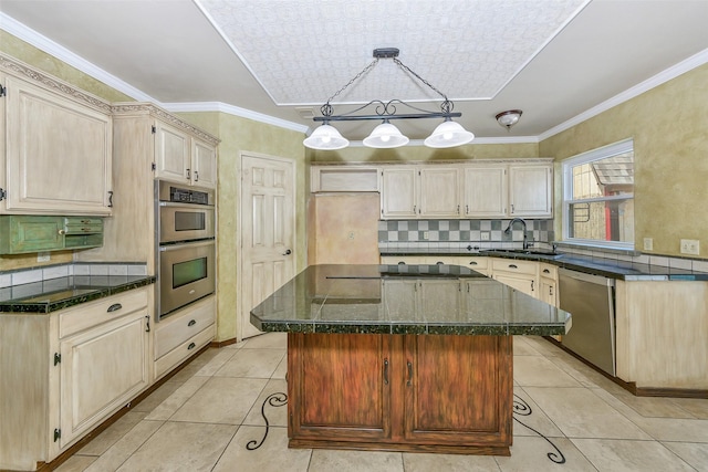 kitchen with appliances with stainless steel finishes, decorative backsplash, light tile patterned flooring, and crown molding