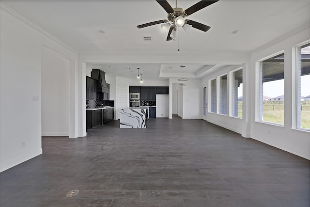 14908 S County Line Rd, Justin, TX 76247 - unfurnished living room featuring baseboards, ceiling fan, ornamental molding, and dark wood-style floors