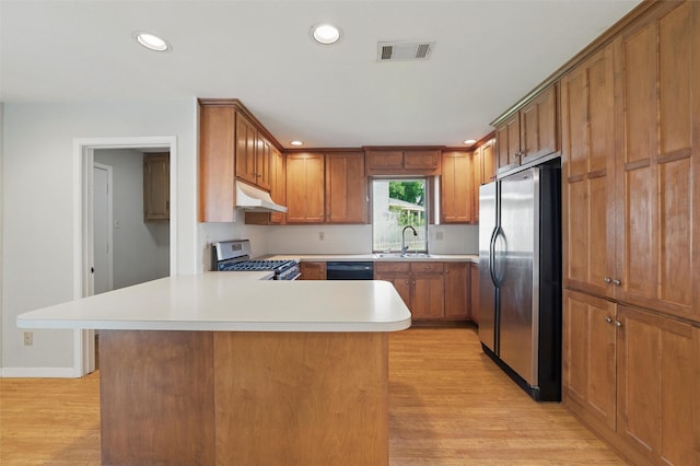 815 Middle Run, Duncanville, TX 75137 - kitchen featuring appliances with stainless steel finishes, a sink, light wood-style flooring, under cabinet range hood, and light countertops