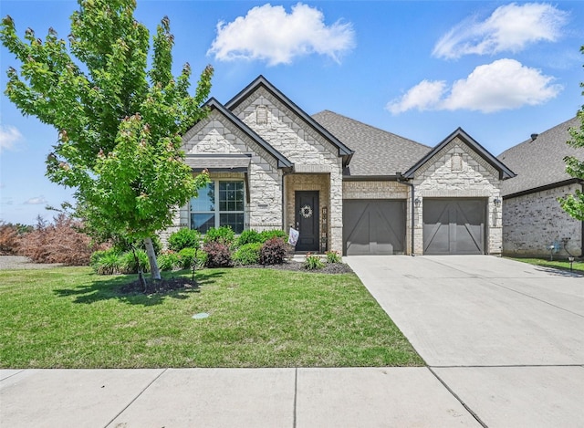 7205 York St, North Richland Hills, TX 76180 - view of front of property with stone siding, an attached garage, concrete driveway, a front lawn, and a shingled roof