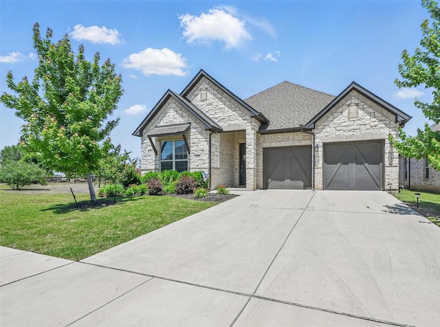 7205 York St, North Richland Hills, TX 76180 - french provincial home featuring concrete driveway, an attached garage, stone siding, a front lawn, and a shingled roof
