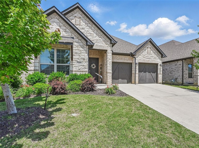 7205 York St, North Richland Hills, TX 76180 - french country style house featuring stone siding, a garage, a front lawn, and driveway