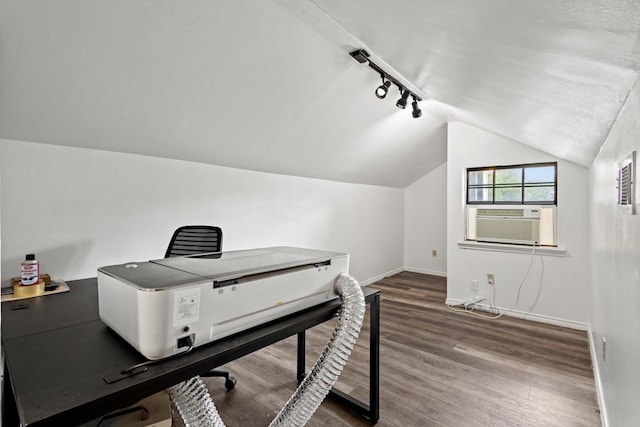 522 Helena St, Dallas, TX 75217 - office featuring track lighting, baseboards, wood finished floors, lofted ceiling, and cooling unit