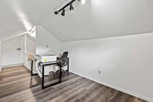 522 Helena St, Dallas, TX 75217 - office with wood finished floors, vaulted ceiling, track lighting, and baseboards