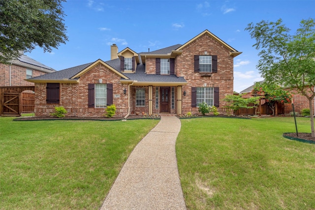 2671 Marshall Dr, Frisco, TX 75033 - traditional-style home with brick siding, a chimney, roof with shingles, and a gate