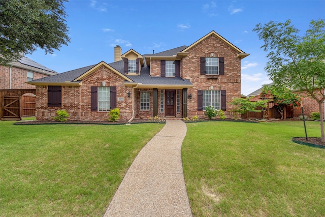 2671 Marshall Dr, Frisco, TX 75033 - traditional home featuring brick siding, a chimney, roof with shingles, and a gate