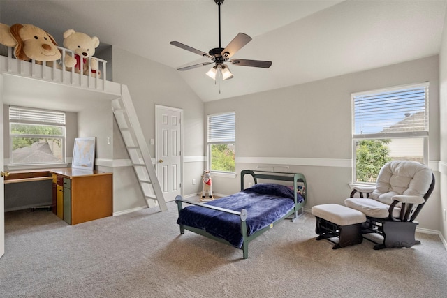 2671 Marshall Dr, Frisco, TX 75033 - bedroom with carpet, vaulted ceiling, a ceiling fan, and baseboards