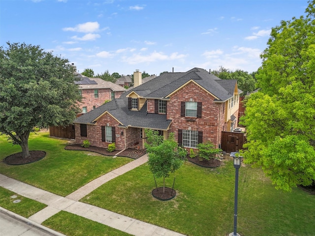2671 Marshall Dr, Frisco, TX 75033 - traditional-style house featuring brick siding, a shingled roof, a front lawn, and a chimney