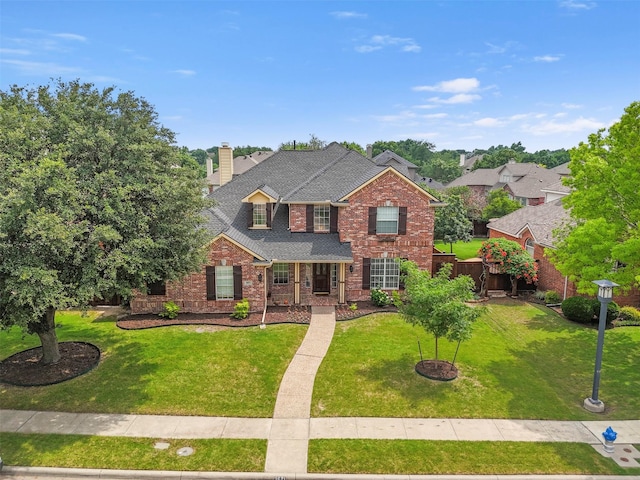 2671 Marshall Dr, Frisco, TX 75033 - traditional-style house featuring brick siding, a front lawn, a chimney, and roof with shingles